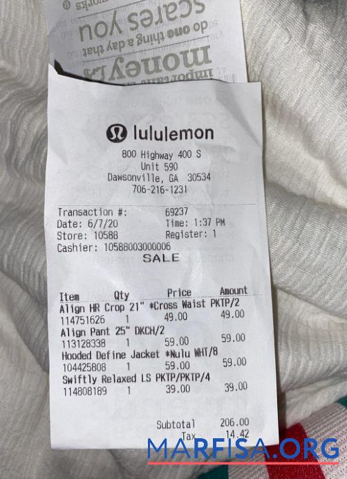 Printable Lululemon store payment receipt sample